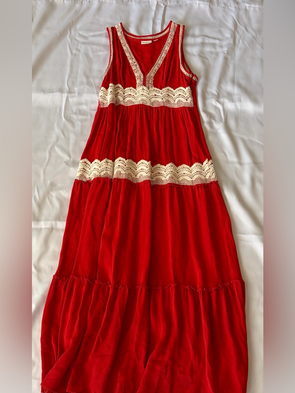 eva mendes for New York & Company Red Maxi Dress with Cream Crochet Trim size M